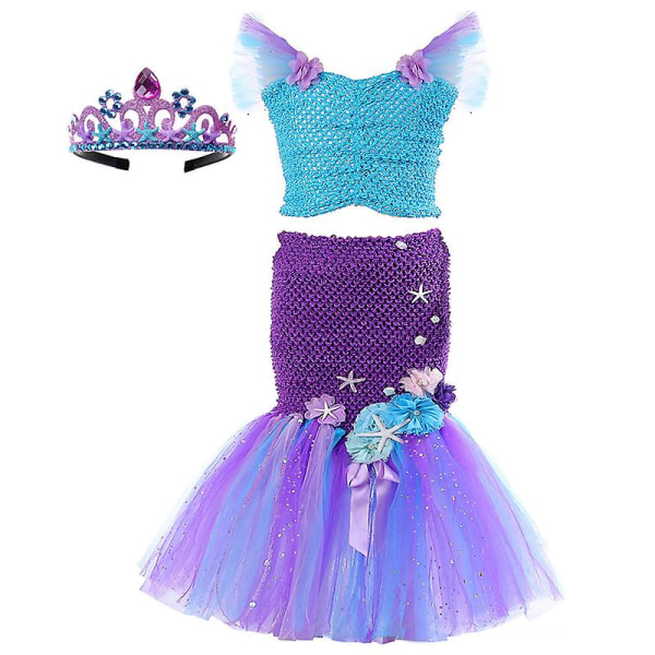 2023 flickor sjöjungfrukostym Halloween tredelad lilla sjöjungfru festklänning（M(3-4Y)）
