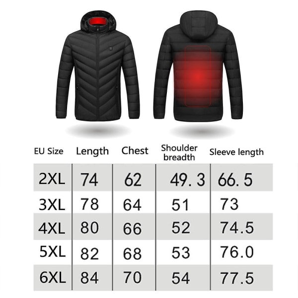 Elektrisk opvarmet jakke unisex  3 opvarmningsniveauer Usb opvarmning bomuldsjakke vintercykling（4XL）