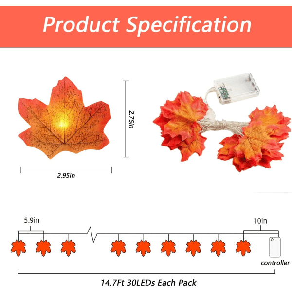 Høstdekorasjoner lønnebladlys, 4,5M 30 LED-lys høst hjemme de