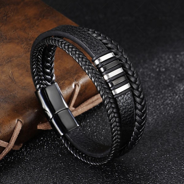 Gave til mænd  Herrearmbånd  Læderarmbånd  Sort læder  Flettet ægte læder bredt wrap armbånd