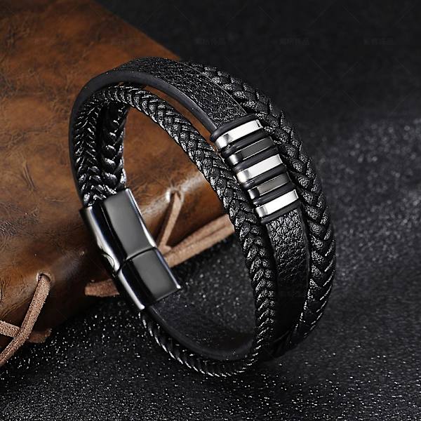 Present till män  Herrarmband  Läderarmband  Svart läder  Flätat äkta läder brett omslagsarmband