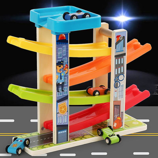 Puinen lelu Click Clack -kilparata autoilla ja parkkipaikalla ilman kokoonpanoa (poliisiauto)