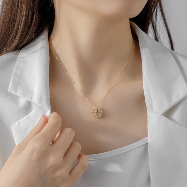 Fyra-bladig Zirkon Halsband s925 Sterling Silver Kvinnlig Magnetisk su