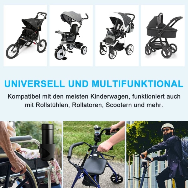En grå universal flaskeholder er på cykler, barnevogne