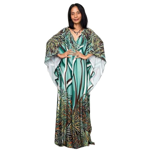 Dames Print Maxi Kjole Flagærme Strandkjole Plus Size Sommerkjole Strandtøj Kaftan Cover-ups Dn0504