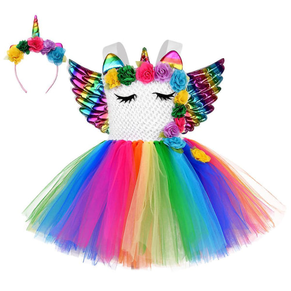 3pcs Sequin Little Child Pony Dress Unicorn Dress With Wings Headband（L(5-6Y)）