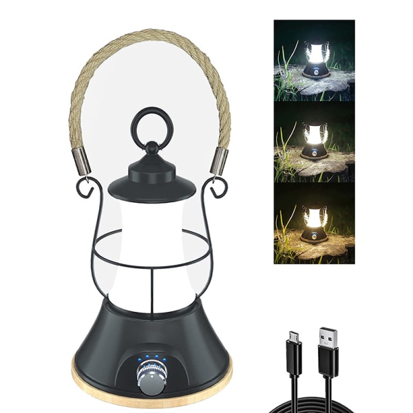 Genopladelig campinglampe, (sort) Vintage udendørs campinglampe,