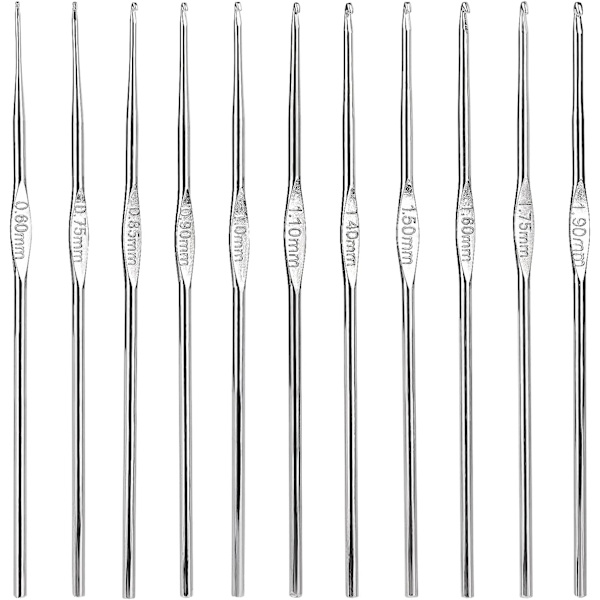 Virka krokar set stål, 12 st små virknålar 0,6 mm till