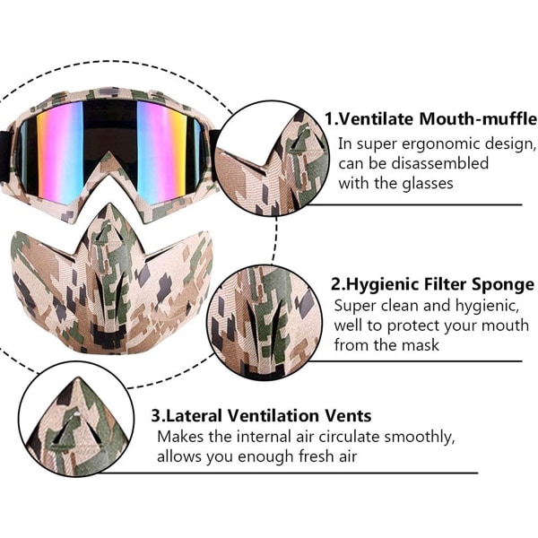 Motorsykkelbriller med avtakbar ansiktsmaske, anti-tåke, vindtett, sykkelbriller for terrengsykling, ridning, løp, passer for menn
