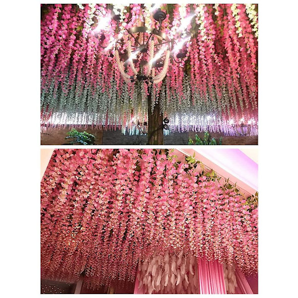 12 stk kunstige wisteria vinstokke 3,6 fod Triple Stem Ratta Faux Wisteria Lang Silke Blomsterguirlande (lilla)（Pink）