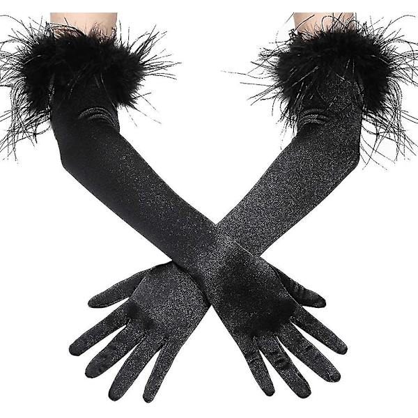 Långa operahandskar i satin med fjädrar, 1920-talsstil, bröllopshandskar för maskerad