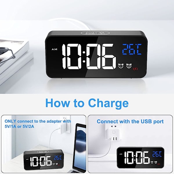 Digital väckarklocka, LED digital väckarklocka med temperatur/snooze/2 larm/12/24 timmar/USB-laddningsport/13 musik (ren svart)