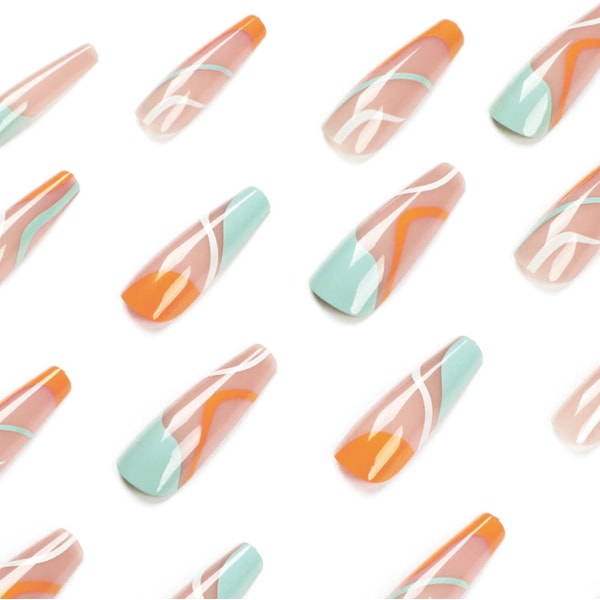 24 st Press-on Naglar Långa, Orange och Mintgrön Swirl Falska Naglar