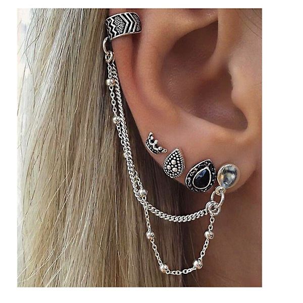 Sølvfarvet Krone Lange Dangle Kæde Kvast Øre Manchetter Øre Vine Wrap Pins Øre Knogle Stud Clip Øreringe