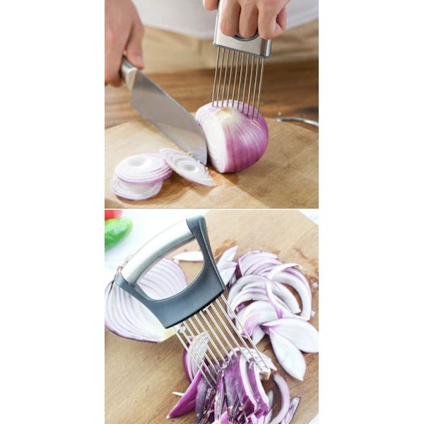 Løg nål i rustfrit stål, løg indsats, løghakker, frugt og grøntsager skæreværktøj, køkkenudstyr (1 pakke, sølv)