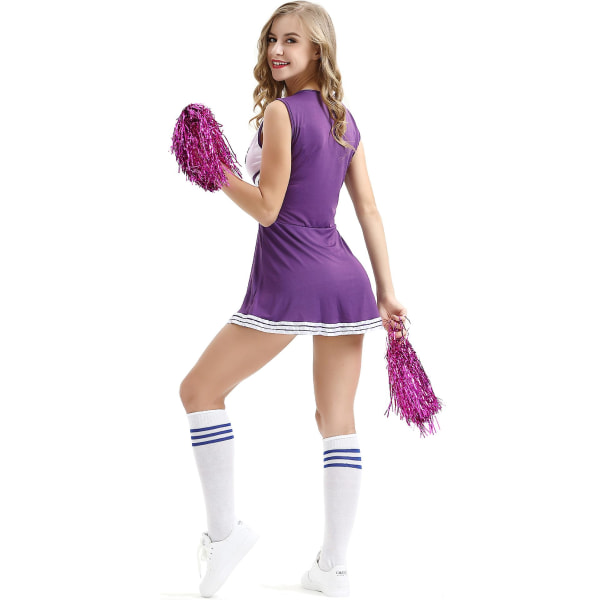 Cheerleader-outfit med cheerleader-pomponer - Dame Cheerleader-kostume - Gymnasie-cheerleading-kjole - Halloween-kostume til kvinder - L