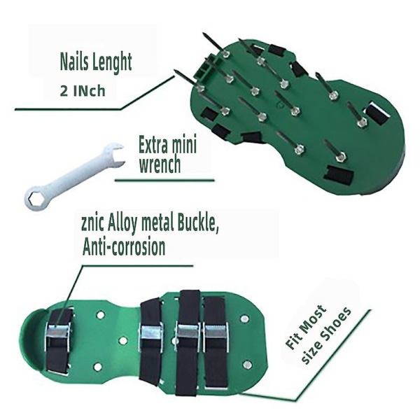 Hagesko Aeratorsko, Manuell Plenaerator Med 13x30cm Pigger Og Remmer, Universal Passform Plenaerator Sandaler Grønn