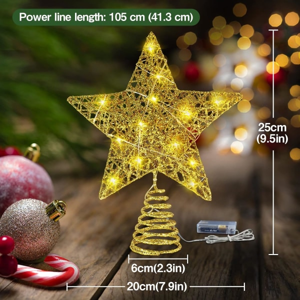 Stjerne juletræstop - 20 cm guld, oplyst stjerne juletræ