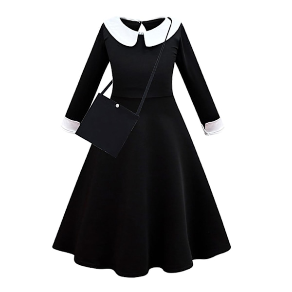 Wednesday Addams Cosplay-dansekjole for jenter Halloween-kostyme (120 cm med veske)