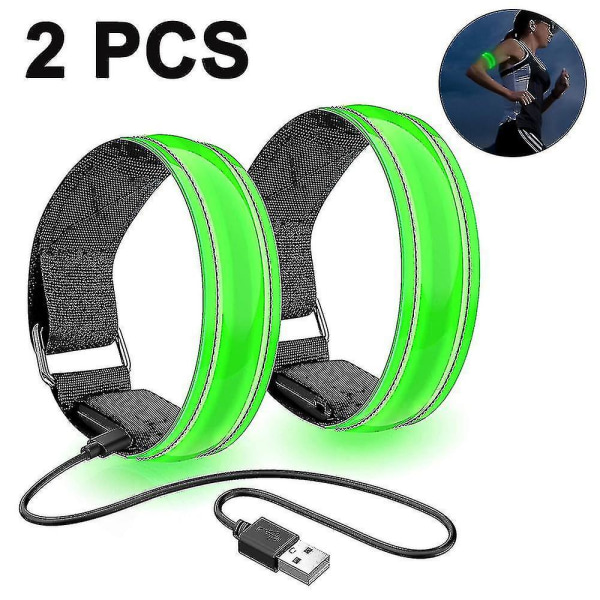 2-pakke løpelys, oppladbart reflekterende led-armbånd for løpere (grønn)