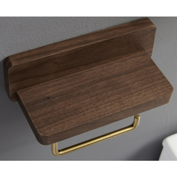 1 stk. sort toiletpapirholder i træ, med hylde, vægmonteret toilet