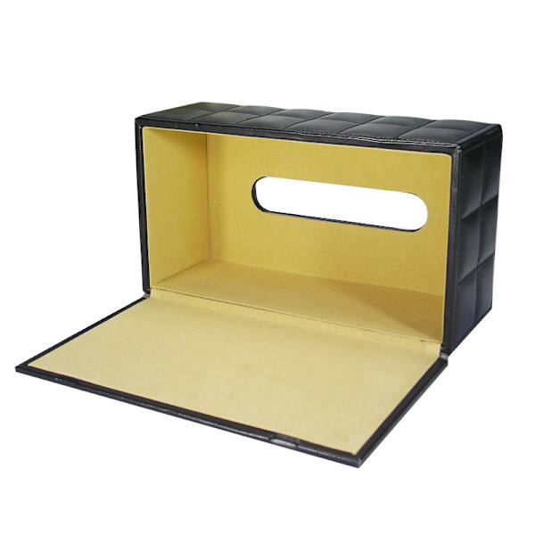 En svart fårskinn läder tissue box, en rektangulär kosmetisk