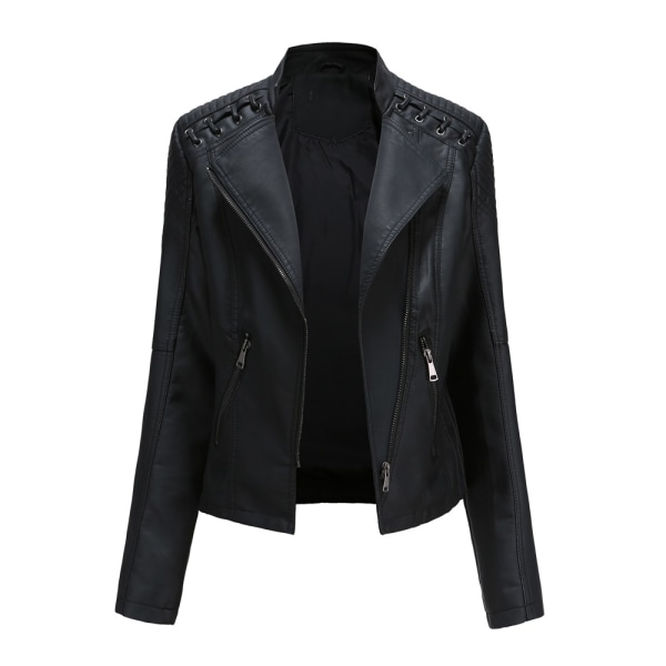 Sort Dame Stilful Faux Læder Jakke Zip Up Klassisk Kort Ja