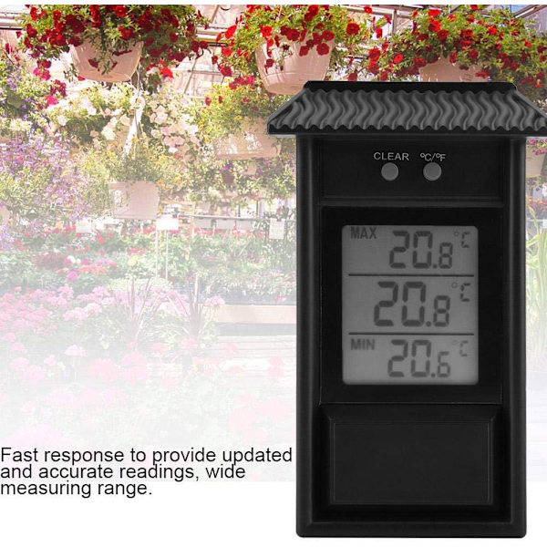 Digital termometer för inomhus- och utomhusbruk, vattentät trådlös utomhustermometer, -20 till +50°C (svart)