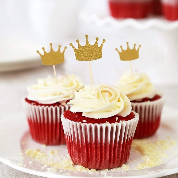20-pack guld Crown Cupcake Toppers Tårtdekoration Royal Prince Cupcake Toppers för födelsedagsfest, baby shower