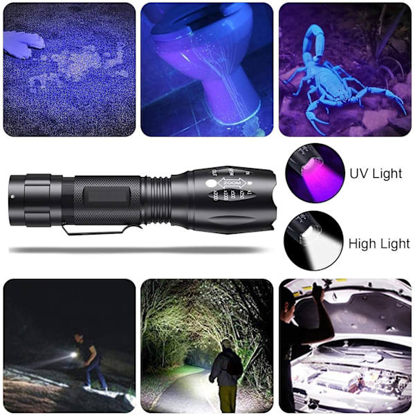 UV-taskulamppu, 2-in-1 LED-taskulamppu UV-lamppu, 500 lumenia 4 tilaa Blac