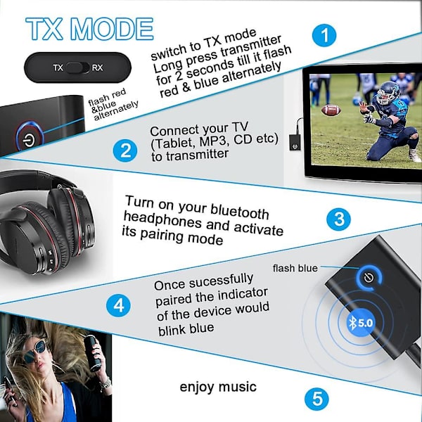 Bluetooth 5.0-sändare och -mottagare, 2-i-1 trådlös 3,5 mm-adapter, mini bärbar 3,5 mm-uttag, låg latens