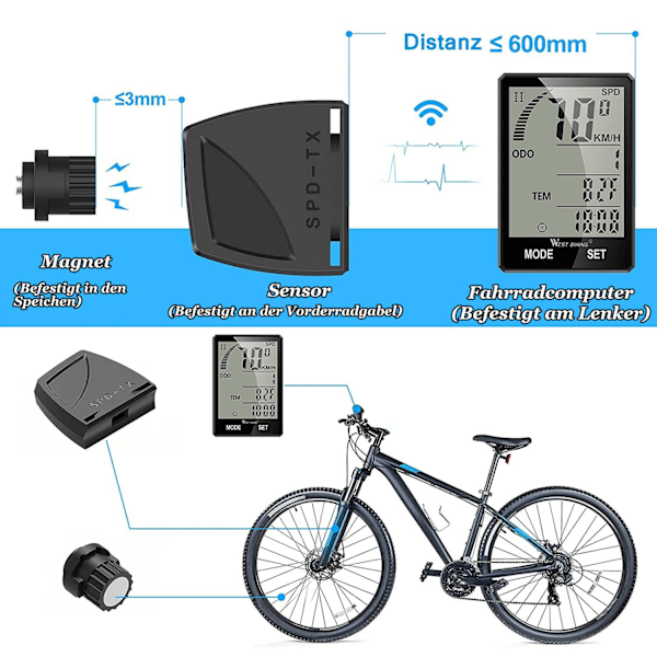 Cykelcomputer, trådløs cykelcomputer, 21 funktioner cykel