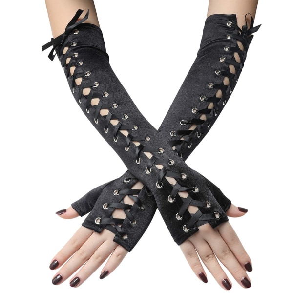 Halloween Fingerless Lace Up Gloves - Long Black Garment Elbow Ar