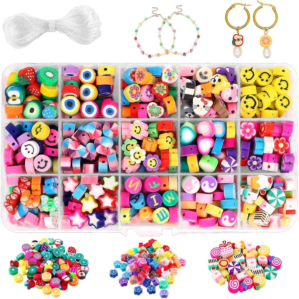 300 stk Polymer Clay Beads, frukt Smiley Håndlagde Perler 15 Stiler Blomsterbokstav Myke Perler Til Jenter Smykkefremstilling Diy