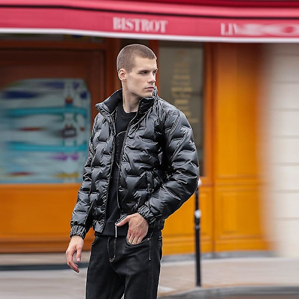 Herre Dunjakke Hætte Puffer Jakke Isoleret Letvægts Vinterjakke（2XL Sort）
