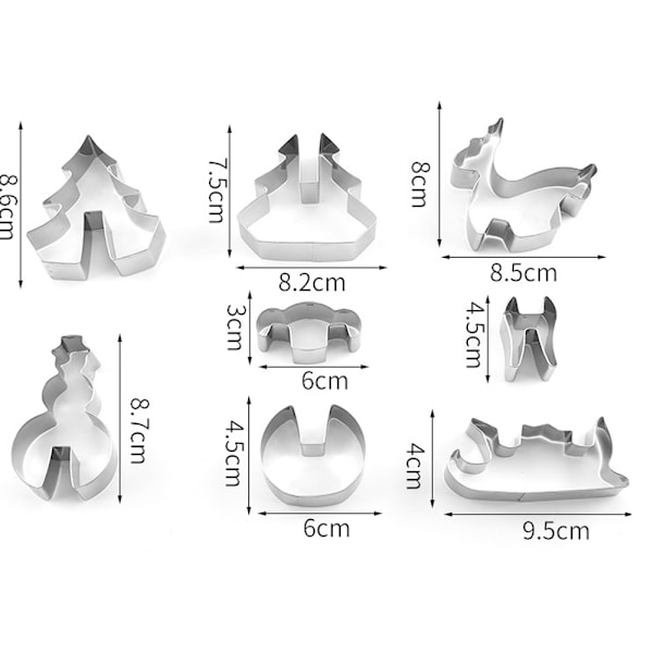 8-osainen leivontavälinesarja ruostumatonta terästä 3D kolmiulotteinen