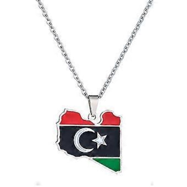 Libysk flag vedhæng halskæde i rustfrit stål, stilfuld Libysk kort halskæde, holdbare halssmykker, rustfrit stål materiale, sølv