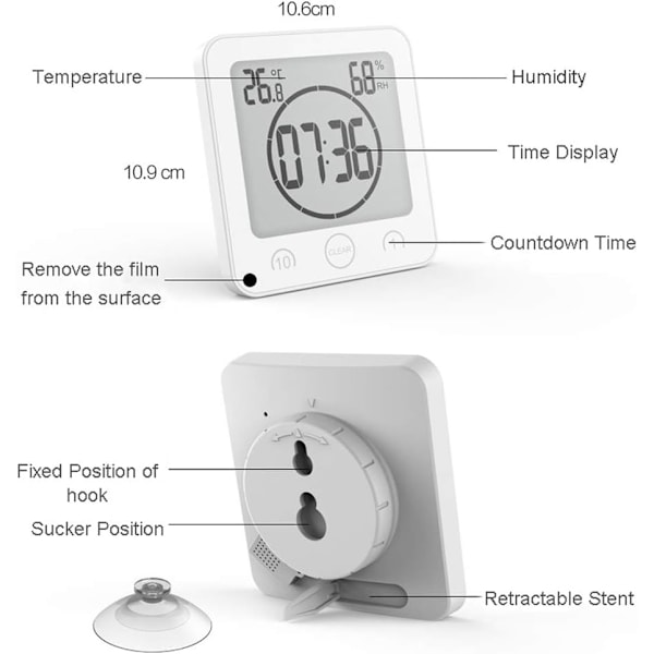 Badeværelsesur, Vandtæt Touch Control Brusebadsur, LCD Digital Alarm, Termometer Hygrometer, Nedtællingstimer, (Hvid)