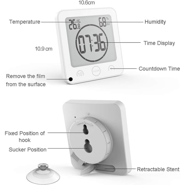 Kylpyhuoneen kello, vedenpitävä kosketusohjaussuihkukello, LCD-digitaalinen herätys, lämpömittari, kosteusmittari, ajastin (valkoinen)