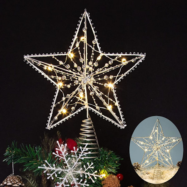 Silver Julstjärna med utsökta pärlor, varm LED för inomhus