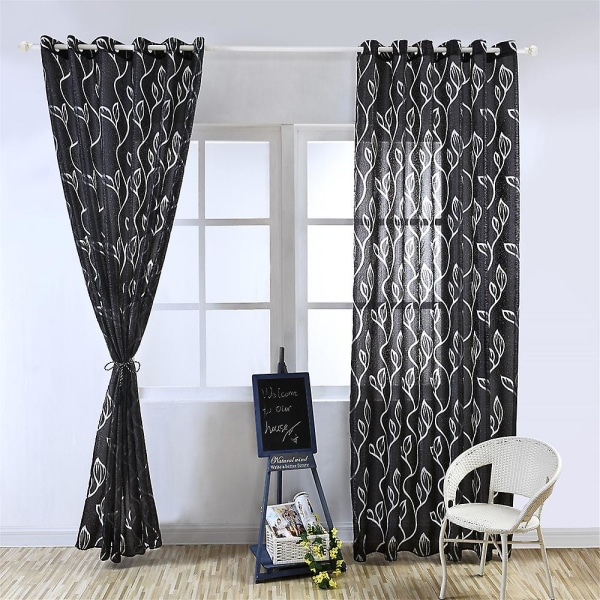 1 kpl Lehtikuvioinen läpikuultava verho - 100x250cm - Musta