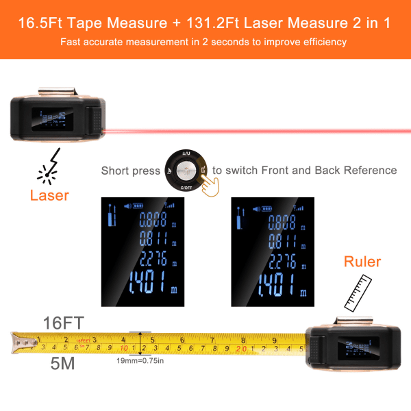 Lasermåler 2 i 1 Laserbånd 40 meter Oppladbar lasermåler 5M Målebånd med multifunksjonsknapper M/in/Ft Enhetsbryter HD LCD