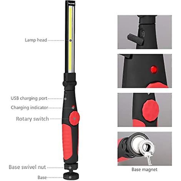 Led arbeidslys oppladbar Usb inspeksjonslampe, roterbar Cob arbeidslys slank lampe med roterende bryter og base