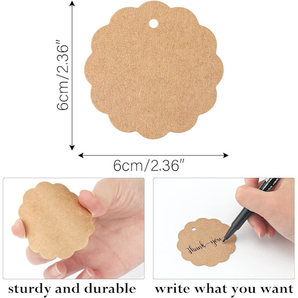 6 cm:n pyöreä kraft-paperilappu, 100 kpl lahjatunnistetta 20 m:n juuttinarulla,