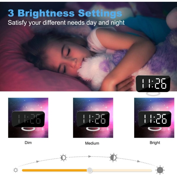 Digital väckarklocka, 6,5\" stor skärm LED spegel väckarklocka med dimningsläge, justerbar ljusstyrka, 2 USB-laddningsportar, vit