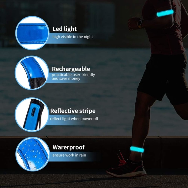 Løbelys (2 stk.) Genopladelig LED Armbånd Reflekterende Løbeudstyr til Joggere Cyklister Gåere LED Advarselslys (Blå)