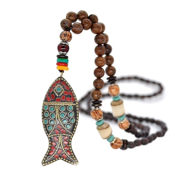 Nepal Buddhist Mala Bead Anheng Halskjede Etnisk Horn Fisk Lange smykker