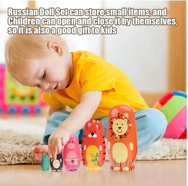 Rysk Matryoshka Tecknad Trä Djur Nesting Dockor Lejon Tiger