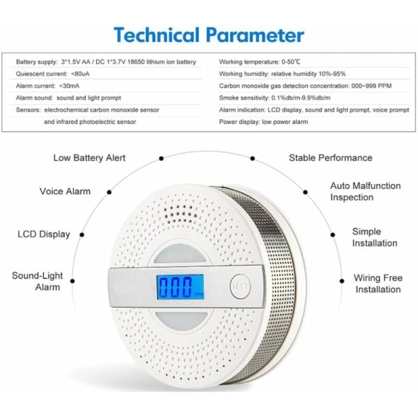 1 kpl savu- ja häkäilmaisin, 2 in 1 CO- ja savuilmaisin