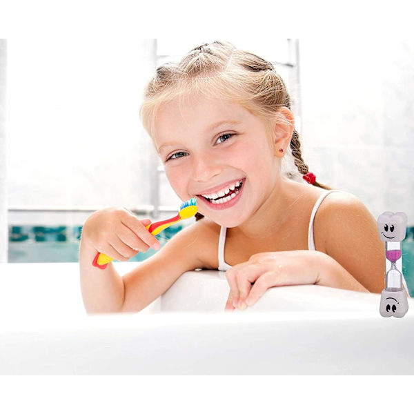2 stk. Ca. 3 minutters farverigt timeglas med smilende ansigt; Barn